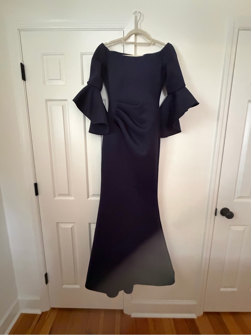 Jovani Navy One-Shoulder Evening Gown with Fluted Sleeve